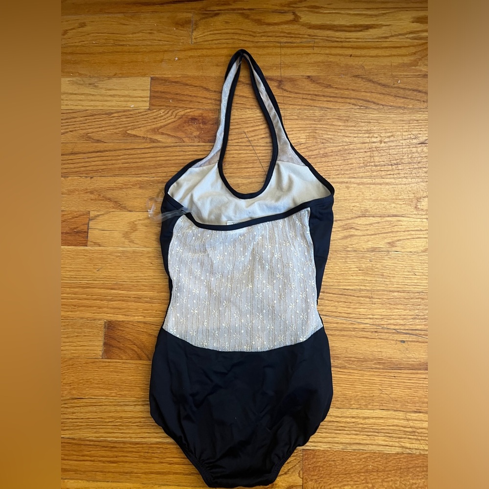 Halter with nude mesh detail black leotard